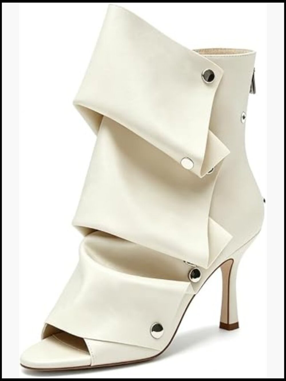 Slouchy Pointy Open Toe Stiletto Ankle Boots Foldover Ruched Silver Buttons